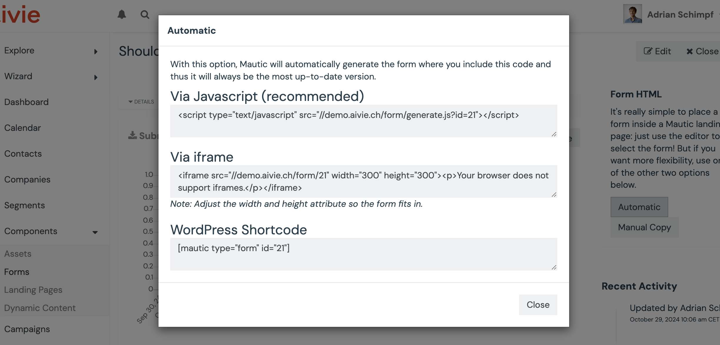 how to add a aivie form to a website. E.g. WordPress