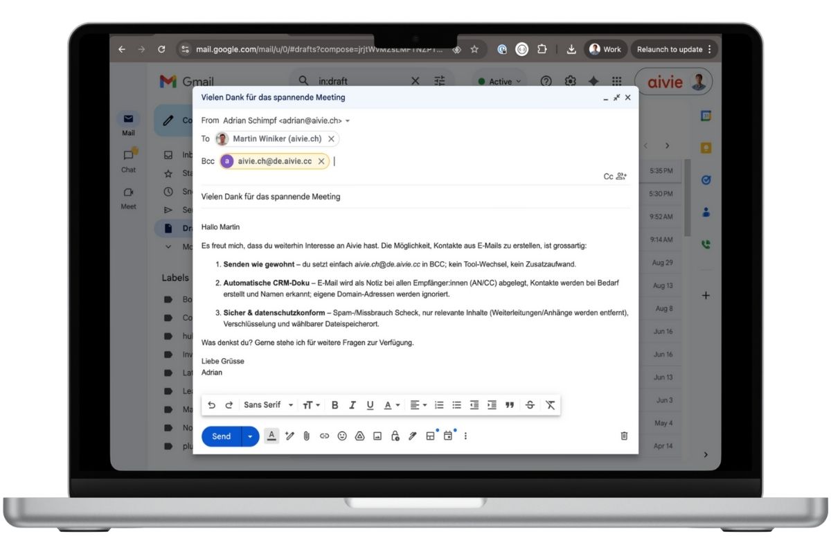 Call notes directly into the CRM by e-mail