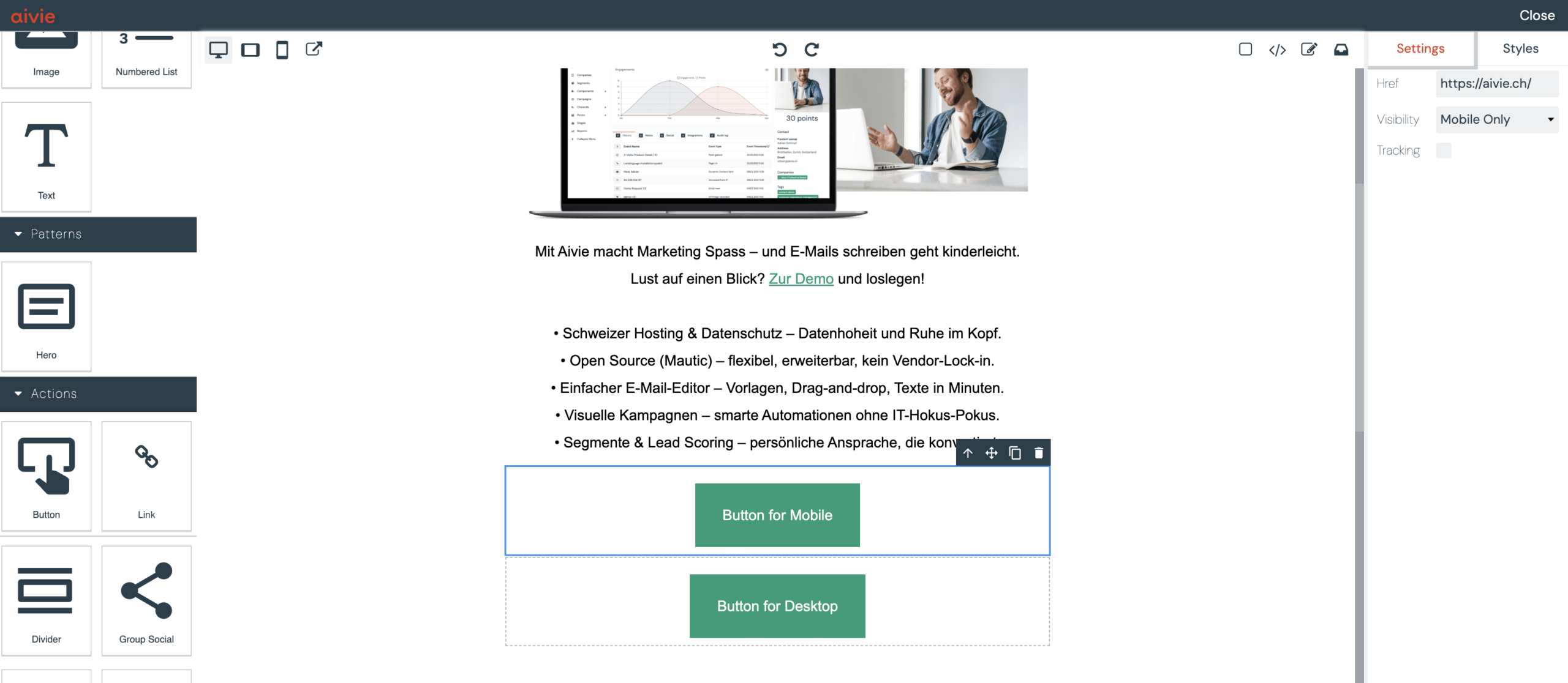 Control Desktop Mobile Visibility in the Aivie Email Builder