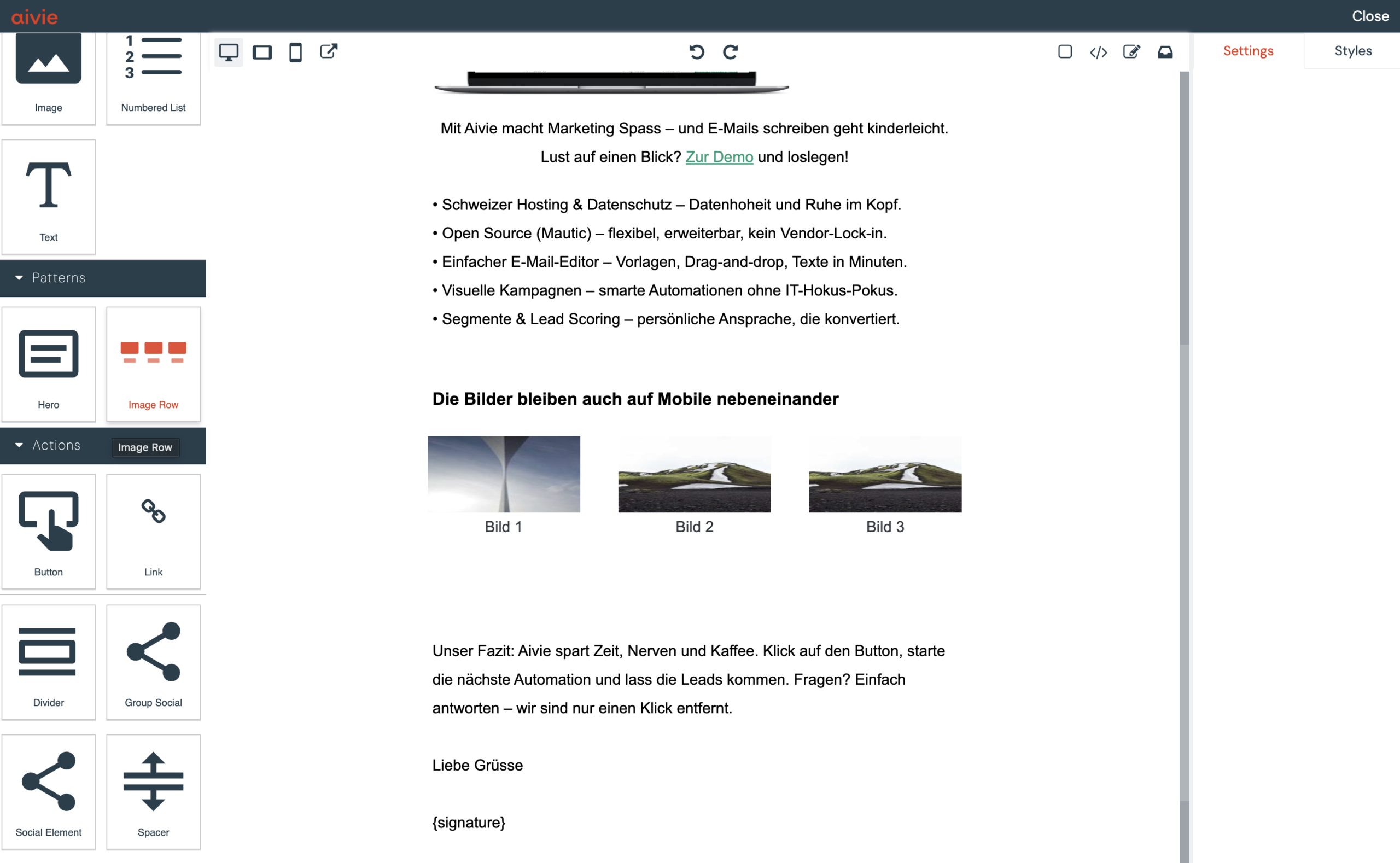 Immagini su mobile in fila. Un pattern nell'Aivie Email Builder 