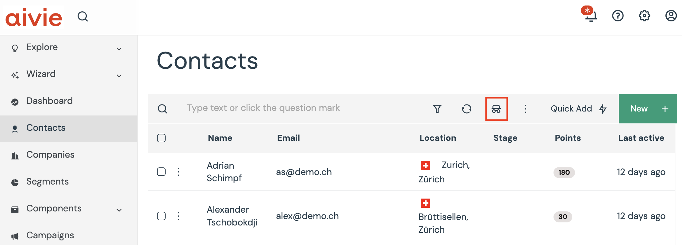 Näytä nimettömien yhteyksien kytkin Aivie:ssä