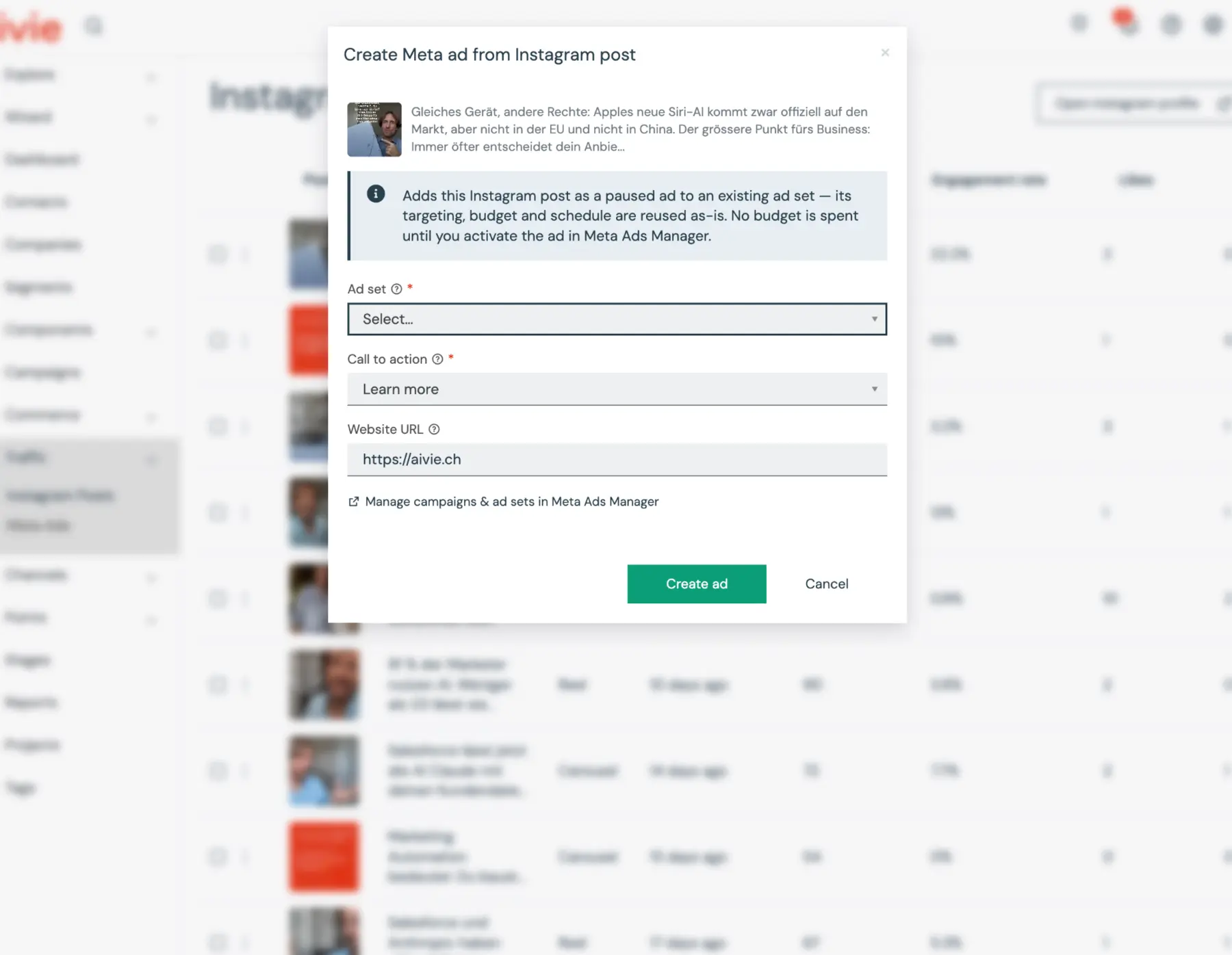 Selezionare l'Ad Set per un post di Instagram in Aivie