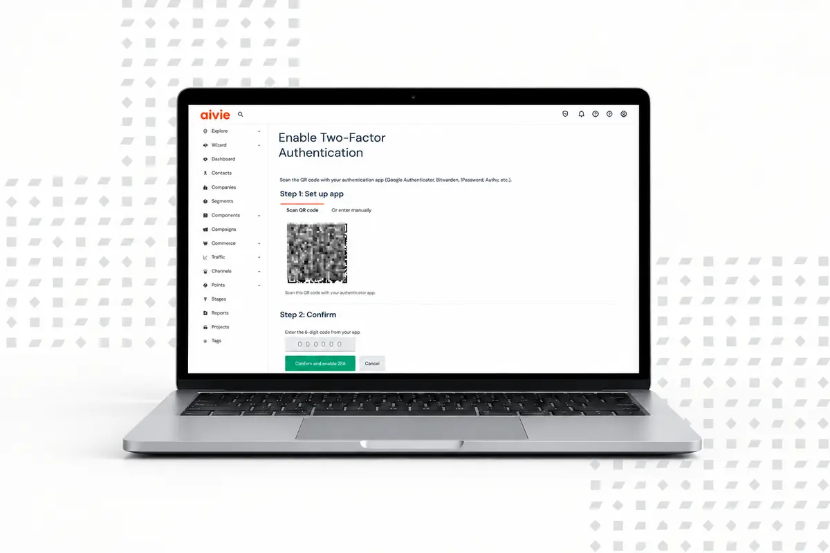 Autenticazione a due fattori Aivie su un laptop davanti al pattern Aivie a grande scala