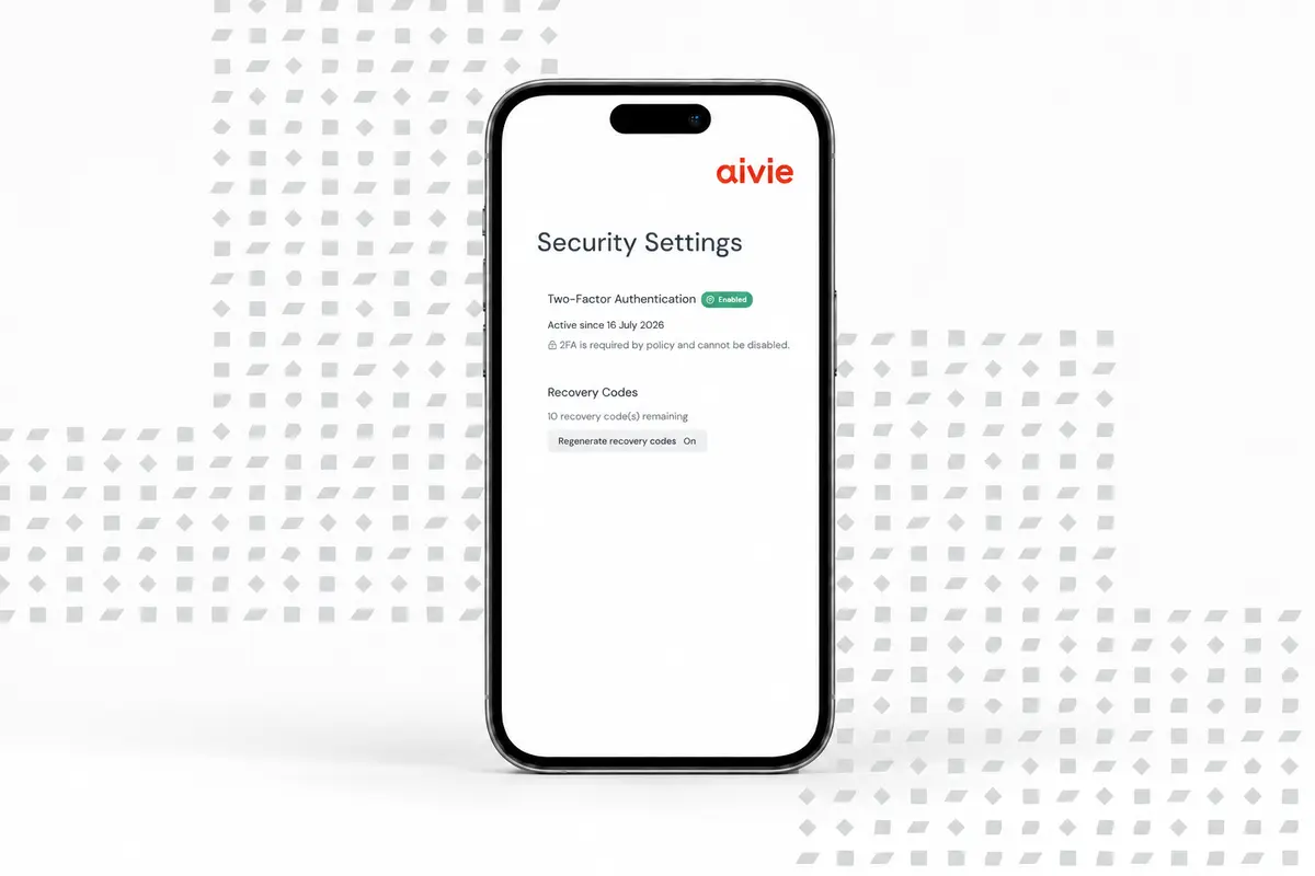 Impostazioni di sicurezza Aivie 2FA su un iPhone con logo e pattern Aivie