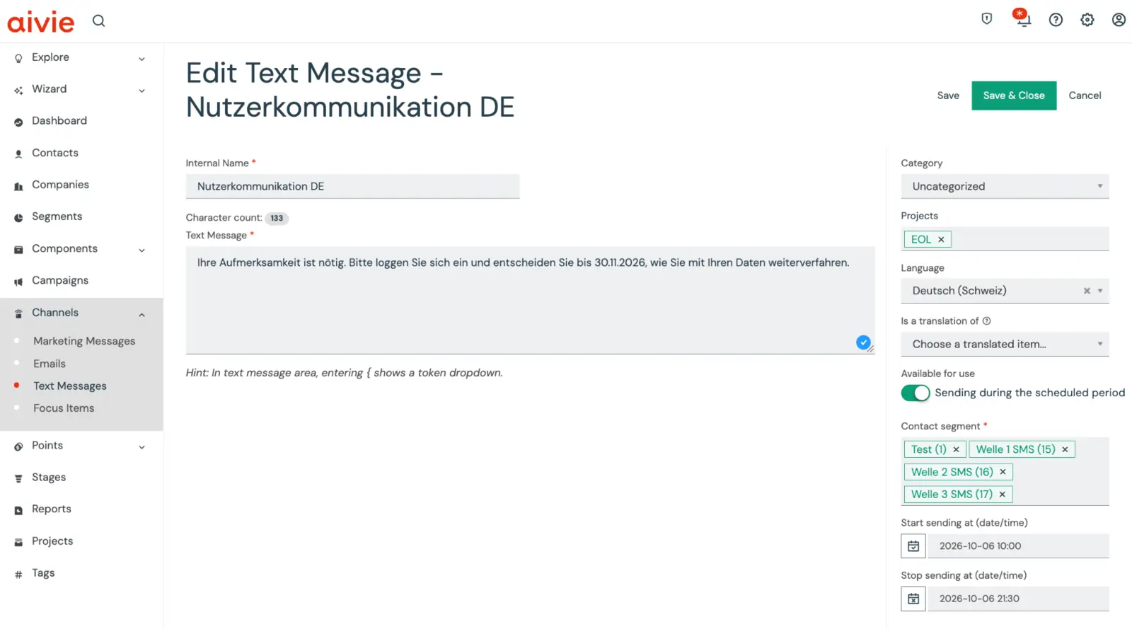 Create, personalize, and schedule SMS in Aivie