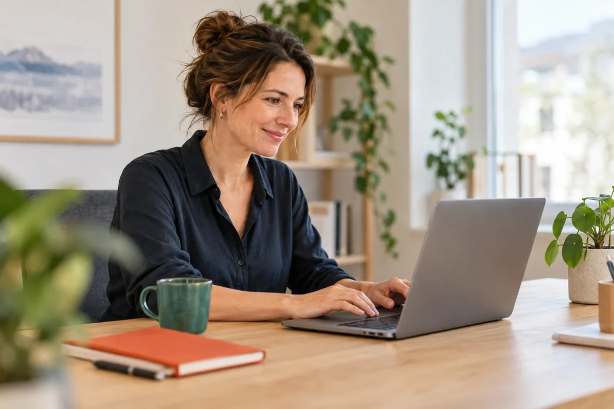 Woman working relaxed on a laptop at a bright workspace with a green mug and an orange notebook.