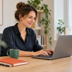 Woman working relaxed on a laptop at a bright workspace with a green mug and an orange notebook.