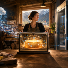 Femme dans une fromagerie avec un fromage sous verre, reliée à un nuage numérique et à un serveur