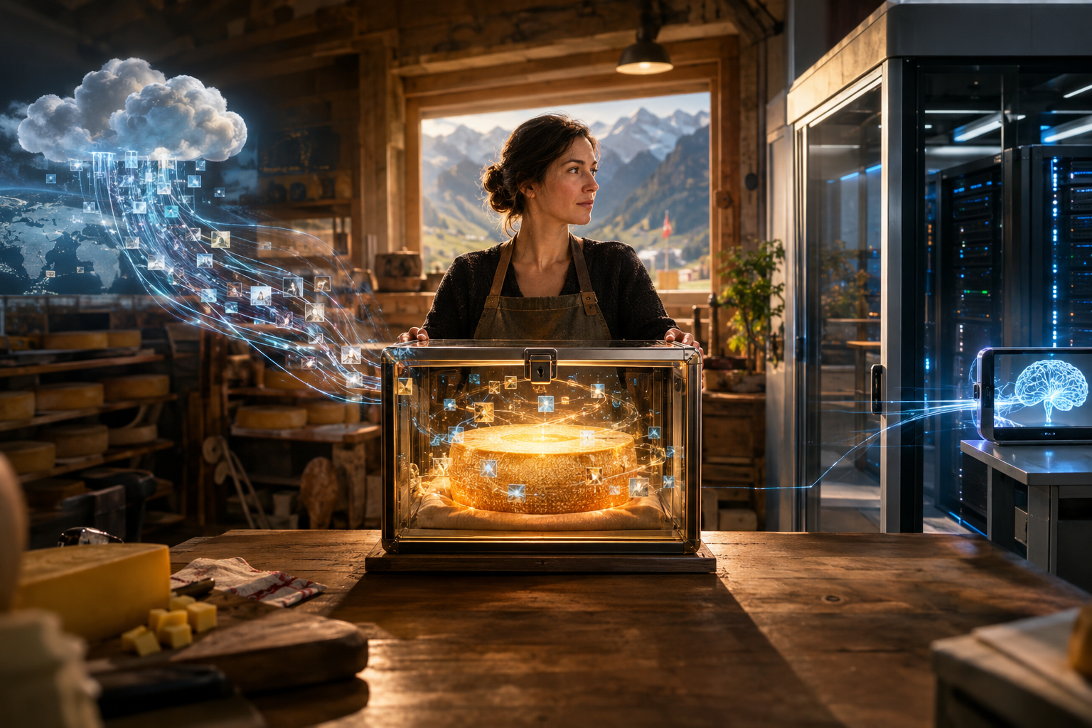 Vos données sont votre trésor – Ne les donnez pas si facilement à l’IA 2 Femme dans une fromagerie avec un fromage sous verre, reliée à un nuage numérique et à un serveur