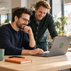 Deux professionnels de l'informatique examinent ensemble un ordinateur portable après une mise à jour de sécurité terminée.